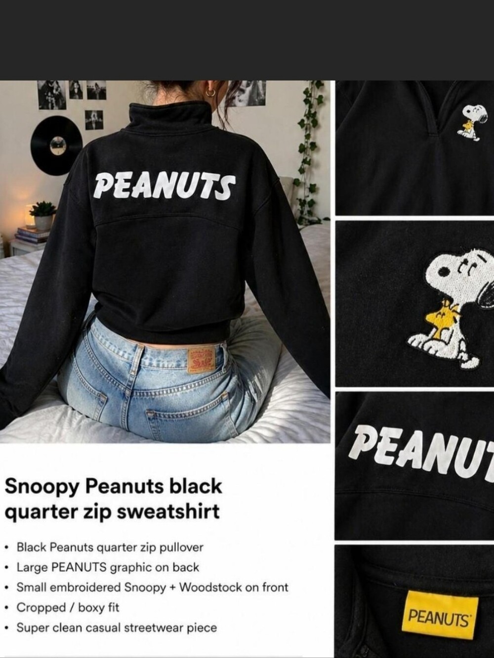 Snoopy Peanuts black quarter zip sweatshirt big back graphic Y2K streetwear